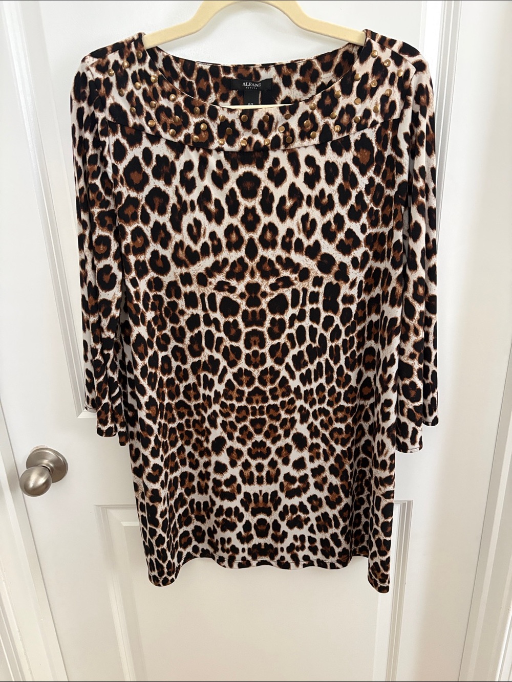Alfani Leopard-Print Long Sleeve Shift Dress in Brown and Black